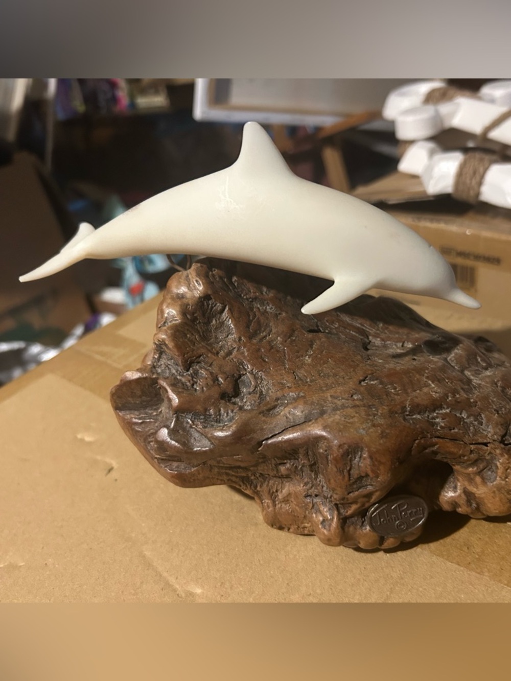 White Dolphin Sculpture on Driftwood Base - Home Art